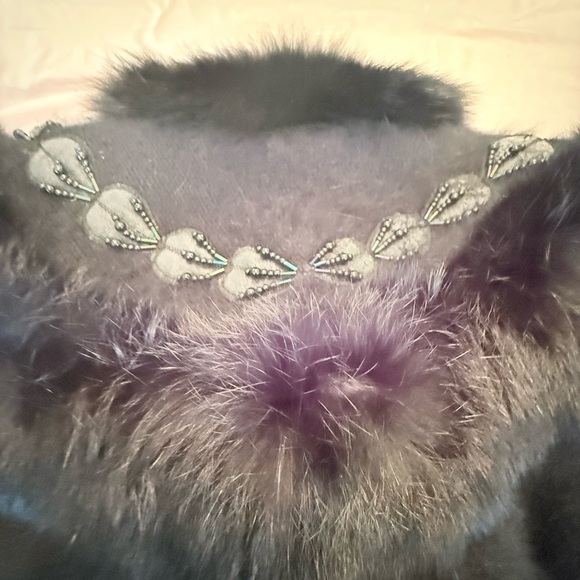 Vintage Black Fur-Trimmed Embellished Button Cardigan Sweater Size Large - Picture 4 of 11